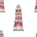 Lighthouse shells sea seamless pattern travel beach watercolor illustration hand drawn print textiles vintage retro